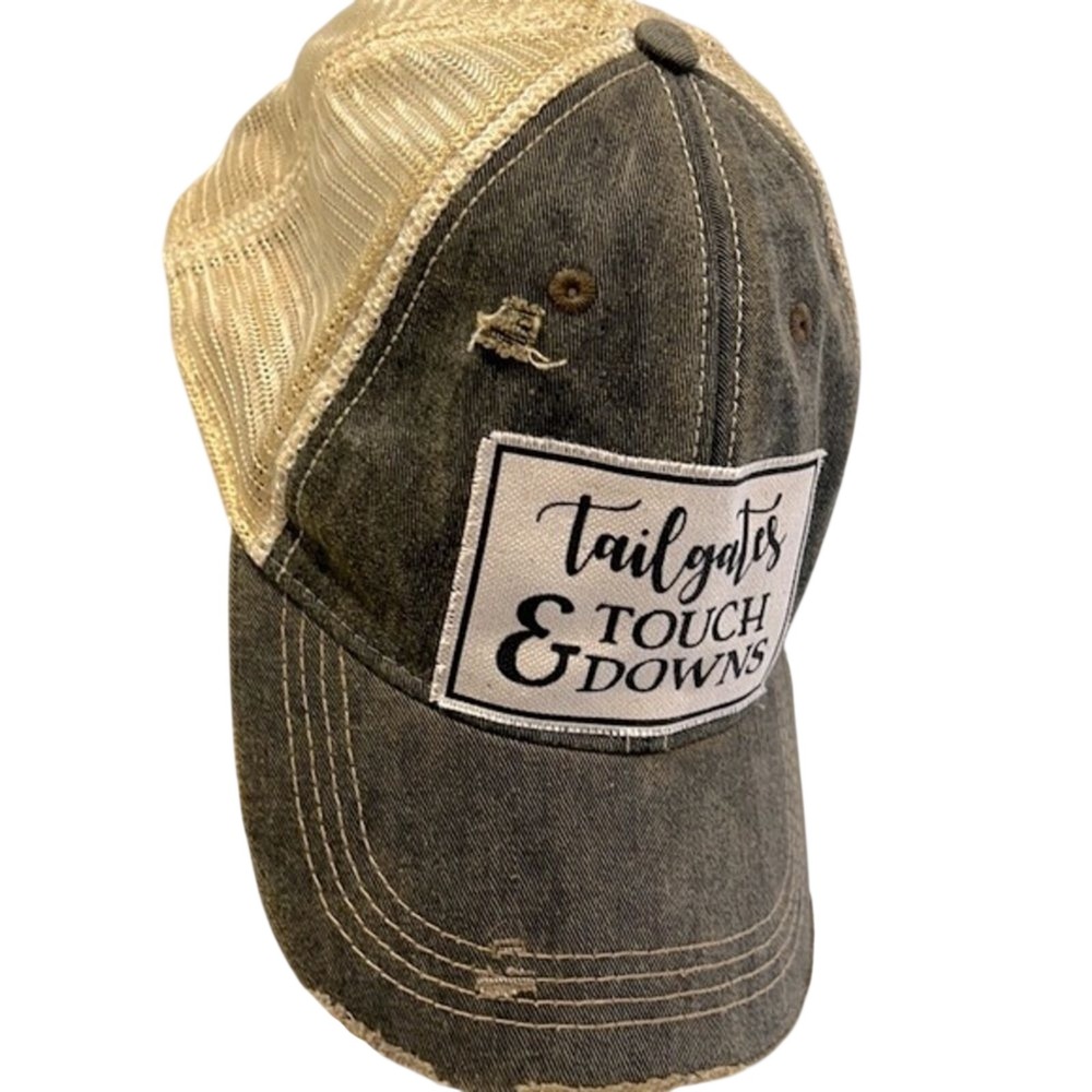 Distressed Trucker Mesh Tailgates & Touch Downs Football Canvas Adjustable Hat